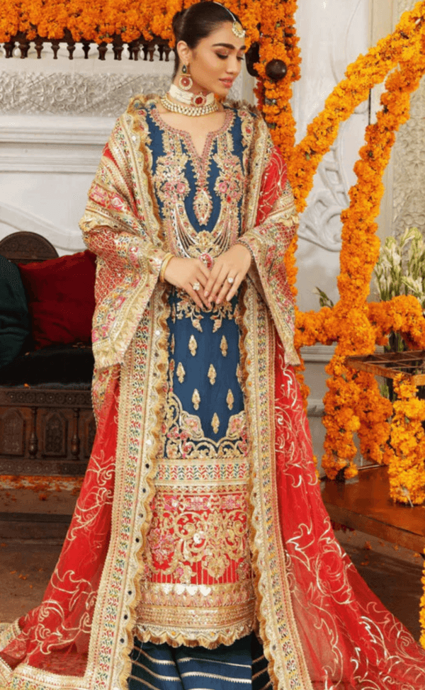 Heavily Embellished Blue Pakistani Kameez Sharara Wedding Dress