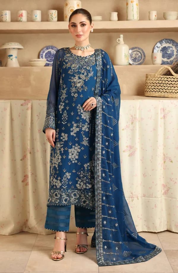 Sonehri By Ramsha Embroidered Chiffon Unstitched 3 Piece Suit - BB-202 - RM25SOHN - Blue - Formals Collection
